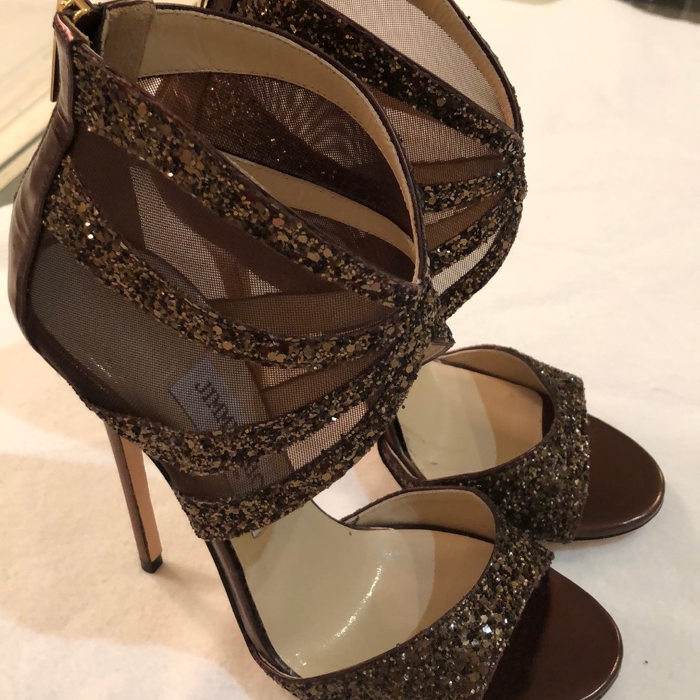 Jimmy Choo ankle zipped bronze stilettos